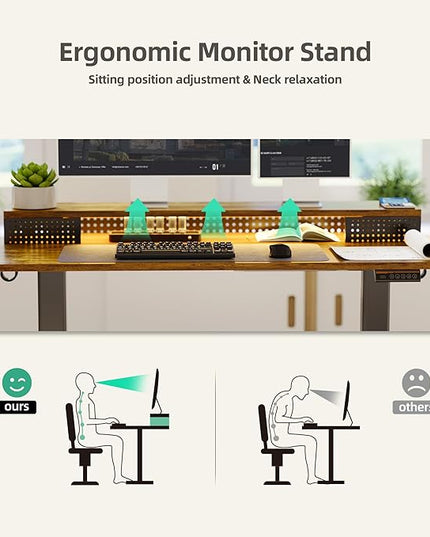 Claiks Electric Standing Desk with Shelf, 48 Inch Height Adjustable Standing Desk with LED Lights & Monitor Stand, Black Frame/Rustic Brown Top