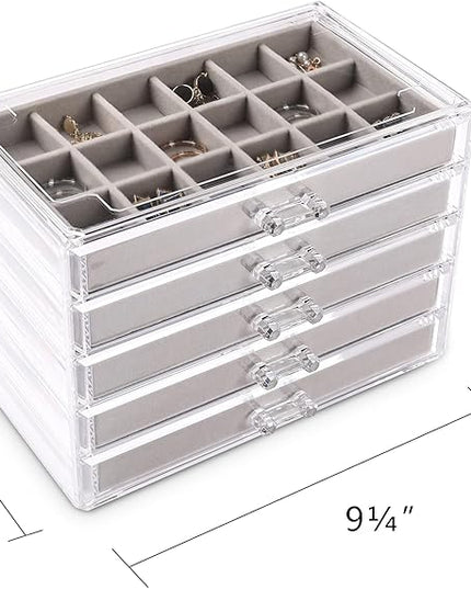 Frebeauty Acrylic Jewelry Organizer Earring Organizer Box with 5 Drawers Earring Holder Organizer with Velvet Trays Clear Jewelry Box for Women Earring Display for Rings Studs(Grey)