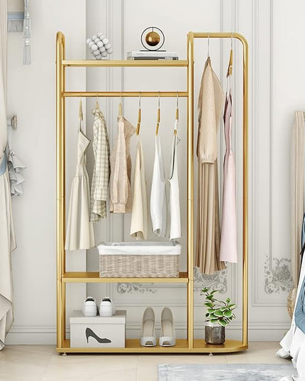 MAIKAILUN Gold Clothing Rack, 39“L Modern Industrial Clothes Rack for hanging Clothes with Top Rod and 3-Tier Shelves, Multi-functional Heavy Duty Garment Rack Cloest Organizer Coat Rack for Boutique