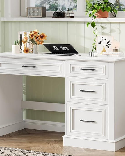 Vabches Farmhouse 47" Executive Desk with File Drawer, Computer Desk with 4 Drawers, Workstation for Study, Home Office, Writing, Cream White