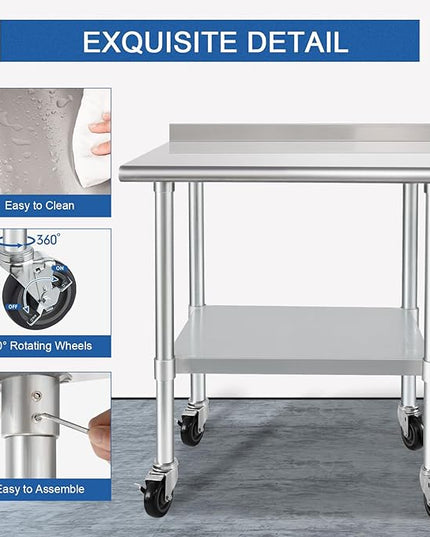 HARDURA Stainless Steel Table 30 x 36 Inches with Wheels Casters NSF Heavy Duty Commercial Prep Table with 2” Backsplash and Adjustable Undershelf for Restaurant Kitchen Home and Hotel