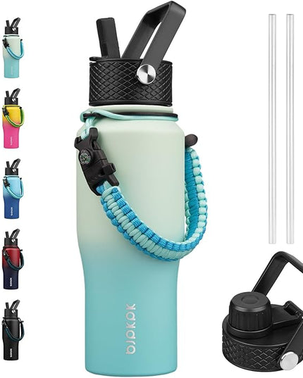 BJPKPK Insulated Water Bottles with Straw Lid, 23oz Metal Water Bottle with 2 lids & Paracord Strap, Double Wall Stainless Steel Vacuum Tumblers, Cups, Mugs, Thermo for Hot& Cold Drinks, Mint