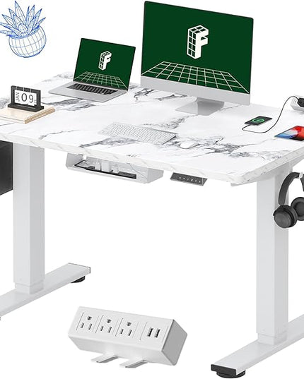 FLEXISPOT EN2 Whole-Piece Standing Desk with Clamp Power Strip, 48 x 30 Electric Stand Up Height Adjustable Desk with Cable Management (White Frame + 48" Marble Gray Top, 2 Packages)