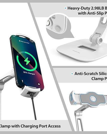 AboveTEK Multi-Angle Adjustable Tablet Stand, 360 Swivel iPad Stand Aluminum Desk Mount Fits 4'-11" Tablets White