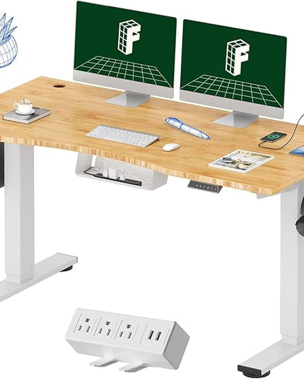 FLEXISPOT EN2 Whole-Piece Bamboo Standing Desk Clamp Power Strip, 55 x 28 Electric Stand Up Height Adjustable Desk with Cable Management (Grey Frame + 55" Bamboo Top, 2 Packages)