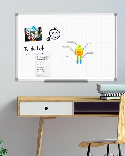 JILoffice Magnetic Dry Erase Planning Board, Grid Pattern White Board 36 x 24 Inch, Silver Aluminum Frame with Detachable Marker Tray for Office School and Home