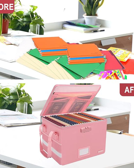ENGPOW File Box with Lock, Fireproof Document Box with Zipper＆Pockets, Collapsible File Organizer Filing Storage Cabinet with Handle, Portable Home Office Safe for Hanging Letter/Legal Folder, Pink