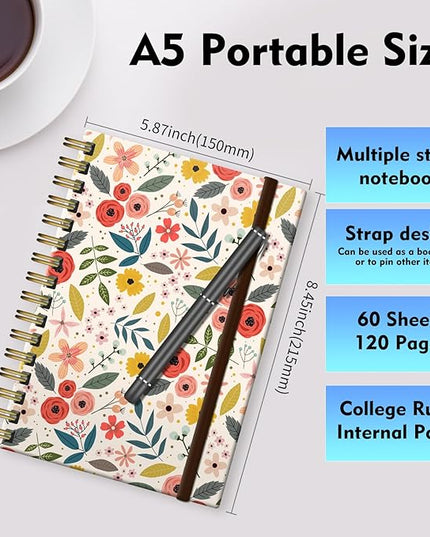 Spiral Journal Notebook, A5 Cute Notebooks for Women Men, College Ruled Hardcover Notebook for Work & Note Taking, 60 Pages Double-Wire Journals for Writing, Colorful Flowers