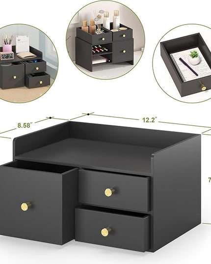 Bamboo Desk Organizer with Drawers Wooden Desktop Storage Drawers for Bills Office Supplies Kitchen Utensils Organizing Tool for Home Classroom Organization No Assembly (3 Drawer, Black)