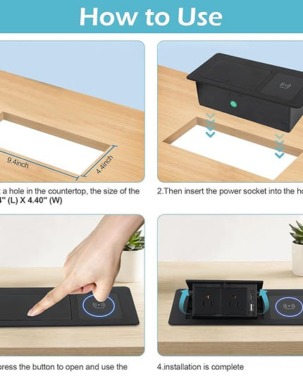 Pop Up Outlet with 15W Wireless Charger, Power Strip with 2 AC Outlets, USB A and USB C Charging Ports Recessed Multimedia Strip Socket Hidden Table Connection Box with Outlet (Black-F-Wireless)