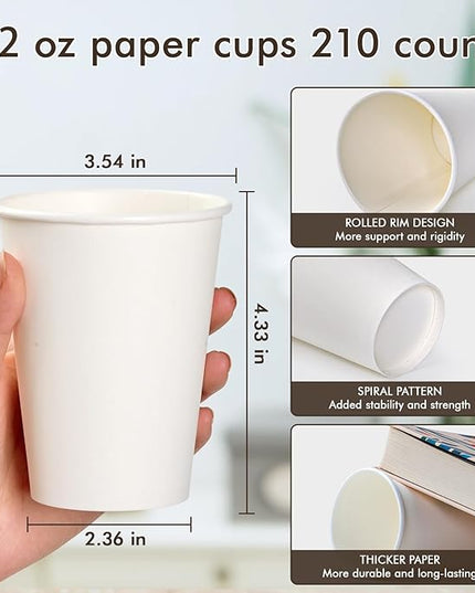 TV TOPVALUE 210 Count 12 oz Coffee Cups, White Paper Cups 12 oz for Water Juice or Tea, Perfect for Office Home Party