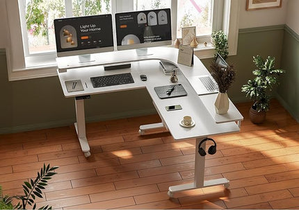 Claiks 63" L Shaped Standing Desk with Drawers and LED Lights, Height Adjustable Electric Corner Standing Desk with Monitor Stand & Power Outlet, 4 Memory Preset, White