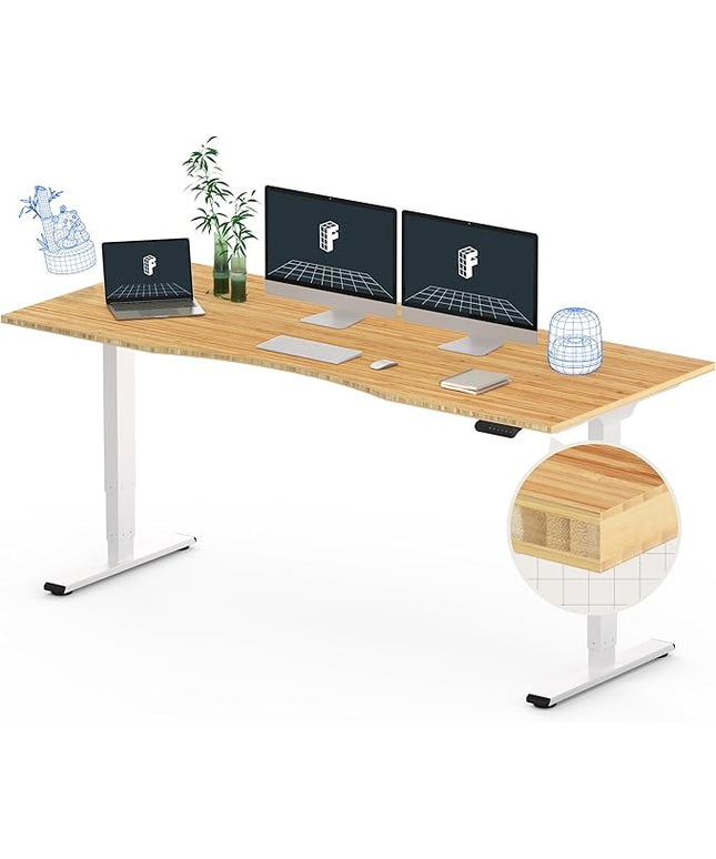 FlexiSpot E6 Bamboo 3-Stage Dual Motor 72 x 30 Electric Standing Desk Sit Stand Up Desk, Holds 220 lbs, Adjustable Height w/ Memory Presets, Solid Bamboo Curved Desktop & White Frame, Ships in 2 Boxes