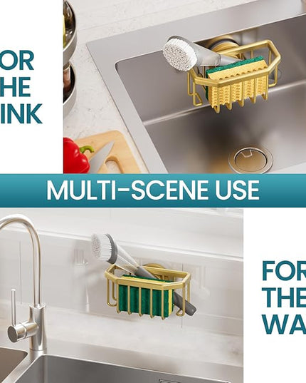 TAILI Sponge Holder for Kitchen Sink with Strong Suction Cup Removable, Rustproof Aluminum Sink Caddy for Sponge, Brush, Scrubber, Scraper -Gold