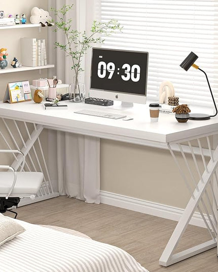 FOLUBAN Modern White Desk, Rustic Wood and Metal Computer Desk for Home Office, Simple Writing Work PC Desks for Bedroom, Industrial Study Gaming Table for Living Room, White, 53 Inch