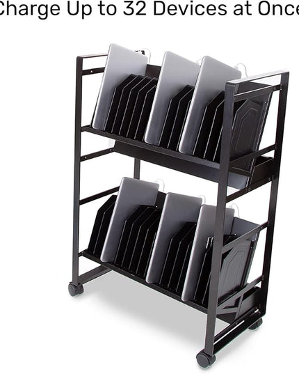 Line Leader 32-Device Mobile Charging Station | Steel Rolling Cart for Laptops, Tablets, & Chromebooks | Open Design with Dividers & UL-Certified Surge Protection | Portable Charging Stand (Black)