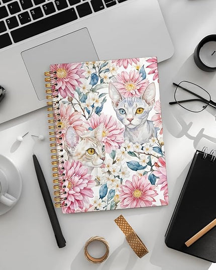 Sphynx Cat Notebook Journal, Cat Lover Gifts for Women Men, funny Black Cat Gifts for Girls, Pink Floral Cat Peel Spiral Notebook, Cat Notepad 5.5x8.3 Inch