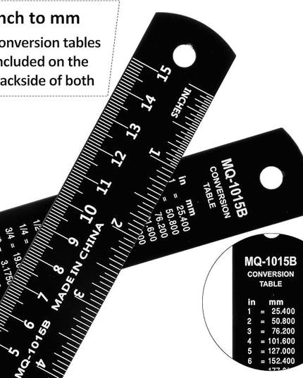 2Pcs 6 Inch 15cm Metal Ruler Set, Stainless Steel Metric Rulers with Centimeters Millimeters Inches, High Contrast Measuring Ruler for School Geometry Office Crafting(Black)