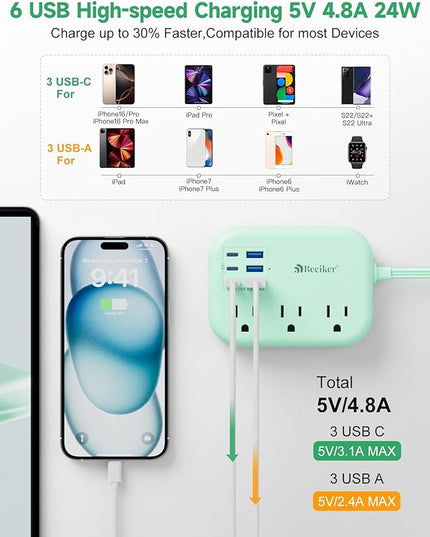 6 USB(3 USB C) Green Travel Power Strip- 5Ft Green Extension Cord with 6 USB Charging Station 24W and 3 Outlets, Cute Desk Accessories for Cruise Travel Kawaii Home Office Dorm Room