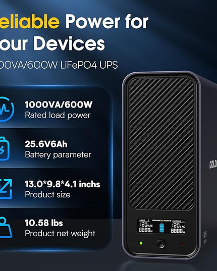 GOLDENMATE 1000VA/600W Lithium UPS Battery Backup & Surge Protector, Backup Battery Power Supply with LiFePO4 Batteries(153.6 Wh), Sinewave UPS System, 10 Years Lifespan, 8 Outlets, LCD Display, Gray