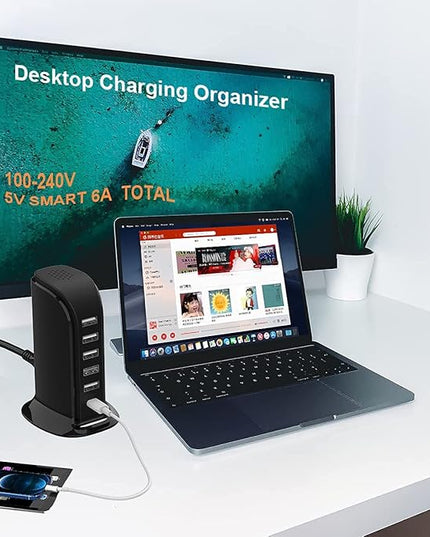 Charger Block 6 in 1 Upoy, 40W USB C Charger 3A, Charging Hub with 5 USB Ports(Shared 6A) for Multiple Electronics, USB Charging Station Multiports, Universal Desktop Phone Charger Travel Ready, Black