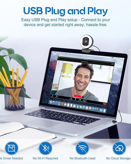 4K Webcam with Ring Light Web Cam 4K Autofocus with TOF Computer Camera 1080P 60FPS Web Camera Built-in Privacy Cover and Microphone Streaming Webcams for Zoom/Skype/Google Meet