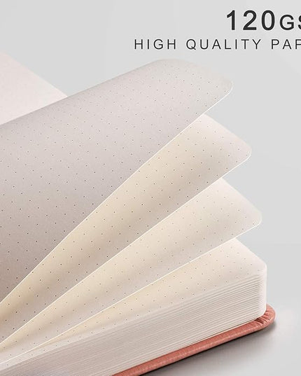 EMSHOI Dotted Notebook - 256 Pages A5 Bullet Dotted Journal, Hardcover Dot Grid Notebook, Leather Notebooks for Work, 120gsm Thick Paper,16 Perforated Pages, Inner Pocket,5.75'' × 8.38''-Pink