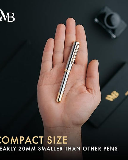 Wordsworth and Black Fountain Pen Mini EDC: Luxury Silver Heavy Pocket Pen, Gold Finish, Medium Nib, 6 Ink Cartridges, Ink Converter, Travel Refillable Writing Pen Gift Set, Men & Women