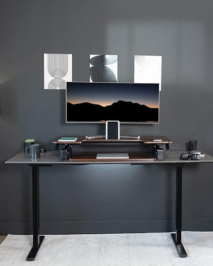 VIVO 36 inch Height Adjustable Stand Up Desk Converter, V Series, Quick Sit to Stand Tabletop Dual Monitor Riser Workstation, Dark Walnut Top, Black Frame, DESK-V000VD