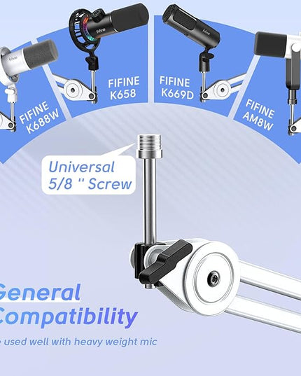 FIFINE Microphone Boom Arm Stand, Metal Heavy Duty Mic Stand, Scissor Suspension Adjustable Boom Arm for Podcast Recording Streaming Gaming, with Desk Clamp, 5/8" Screw, Cable Ties-BM63 White