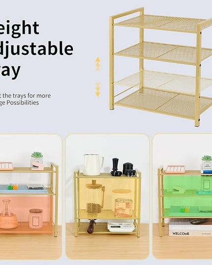 Desktop Shelf Organizer, 3-Tier Office Storage Rack, Adjustable Metal Bookshelf for Top of Desk, Desk Organizer for Office, Home, Dorm and Small Spaces (Gold)