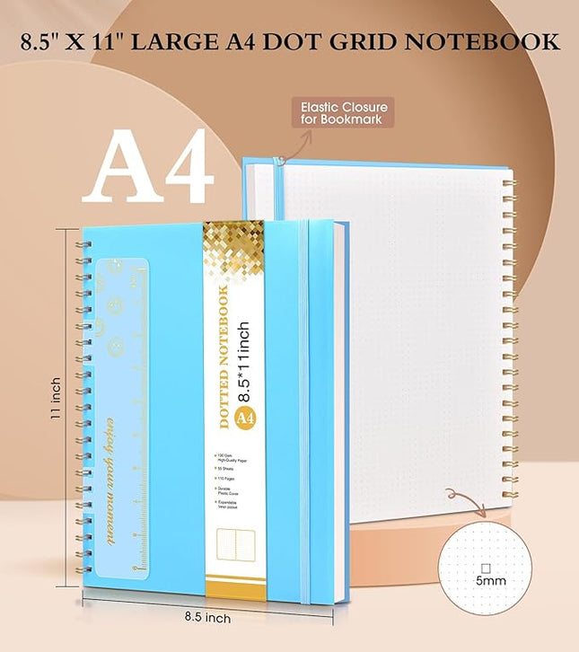 Dotted Notebook, Spiral Notebook Journal 8.5” x 11”, A4 Large Dot Grid Notebooks for Women Men, 100 GSM Dotted Paper, Plastic Hardcover Spiral Bullet Journals for Work School Sketching, Blue