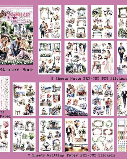 Dwpetzo Love Melody Scrapbook Stickers for Scrapbooking Supplies, Precut Journaling Stickers Ephemera Book for Junk Journal, Bujo, Albumn, Wedding, Anniversary, DIY Crafts Arts
