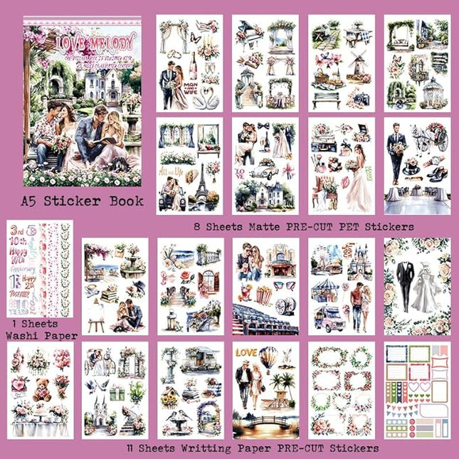 Dwpetzo Love Melody Scrapbook Stickers for Scrapbooking Supplies, Precut Journaling Stickers Ephemera Book for Junk Journal, Bujo, Albumn, Wedding, Anniversary, DIY Crafts Arts
