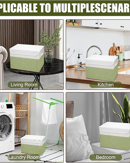 Large 22 Quart Linen Fabric Foldable Storage Bin Cube Organizer Basket with Flip-Top Lid & Handles, Clothes Blanket Box for Home, Office, Closet, Green & White, 4 Pack 14.6 x 9.5 x 9.5