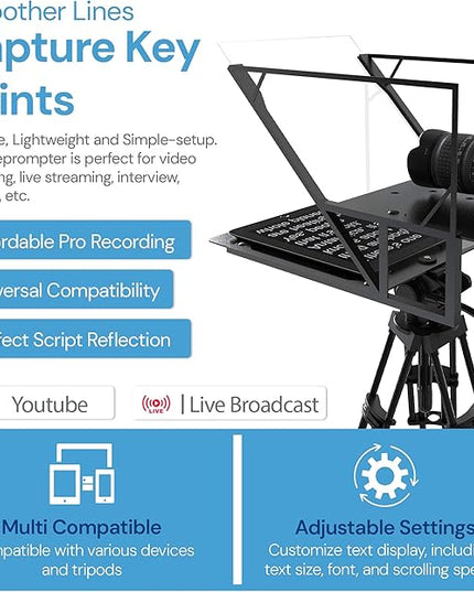 Teleprompter 5.0 12" Compatible with iPad, Tablet, Smartphone and DSLR Camera, Remote or App Control, Compatible with Android and iOS, Ideal for Video Recording, Aluminum Alloy