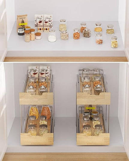 Sikarou Pull Out Cabinet Organizer,Heavy-Duty Slide Out Shelf, Wood and Wire Basket, Pull Out Drawer for for Kitchen Under Sink Space, Pantry, Bathroom, 2 Tie 9 * 21 in