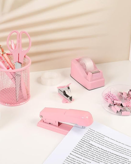 SKYDUE Pink Office Desk Accessories, Pink Office Supplies, Stapler, Tape Dispenser, Scissors, Clips and 1000pcs Staples,Office Supplies for Desk for Women