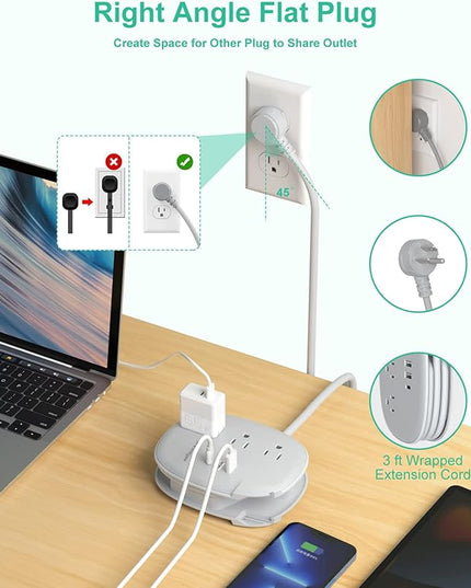 Alitayee USB C Portable Travel Power Strip with 3 Outlets 3 USB Ports Fast Charge, USB Extendable Outlet Extender with Flat Plug and 3ft Wrapped Around Extension Cord for Cruise Travel Home Office