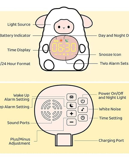 Sheep Alarm Clock with Night Light for Kids with Sleep Training and Sound Machine, Rechargeable Silicone Lamp OK to Wake Clock，Cute Animal Tabletop Lamp, Perfect Sleep Companion for Boys Girls, Pink