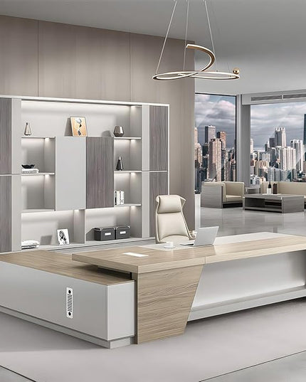 L-Shape Modern Executive Desk Dual Tone Finish, L-Shape Office Executive Desk Without Chair, Integrated Cable Management, Lockable Storage, Boss's Desk (Right Cabinet, 70.8"*30"*63")