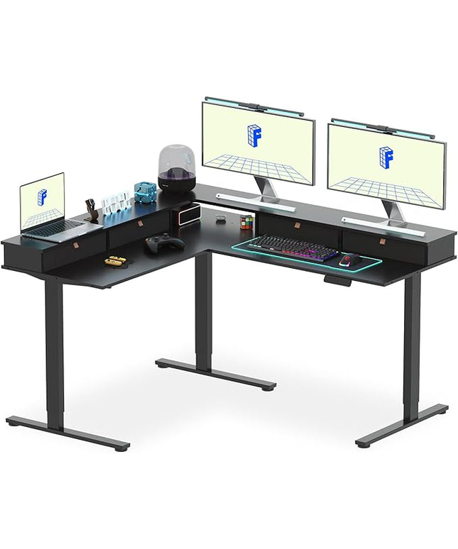 FLEXISPOT 63" L Shaped Standing Desk Electric Corner Table with Monitor Shelf, 4 Storage Drawers, Adjustable Computer Workstation for Home, Office, Game, Studio, Black Top + Black Frame