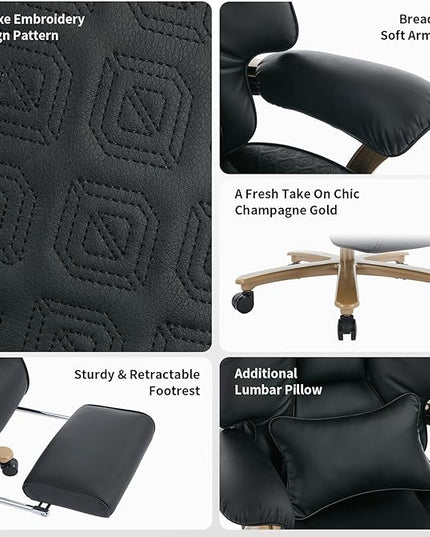 Big and Tall Executive Office Chair with Footrest, 400LBS Capacity Ergonomic High-Back Desk Office Chair with Lumbar Support, Padded Armrests & Thick Cushion, Black PU Leather Chairs