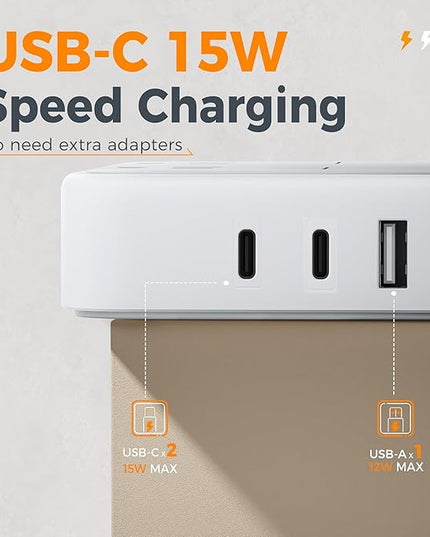 TESSAN Outlet Cover with Extra Outlet on Plug, Surge Protector Power Strip with 3 USB (2 USB C), 5 Ft Flat Extension Cord, 900 Joules Protection, Flat Plug Power Strip for Home Office Essentials