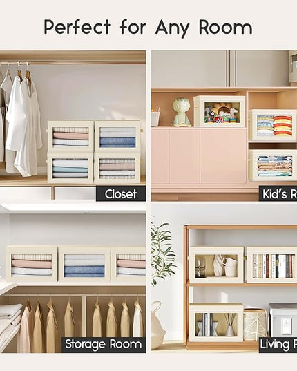Collapsible Storage Bins with Lids - Stackable Storage Containers with Window, 6 Pack Fabric Organizing Bins for Closet, Home & Office Organization Baskets, Beige, 14.9" x 9.8" x 9.8"