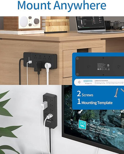 25 ft Extension Cord Flat Plug, NTONPOWER 8 Outlet Surge Protector Power Strip with 4 USB Ports(2 USB C), 15A Circuit Breaker, Wall Mount Surge Protector for Home, Office, Workbench or Garage,Black