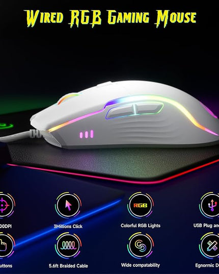 memzuoix Wired Gaming Mouse with RGB - 6 Adjustable DPI up to 12800, 6 Buttons, 12 Lighting Modes, Ergonomic Design with Anti-Slip Rubber Wheel, 5.6ft Braided Cable for PC/Mac/Windows - White
