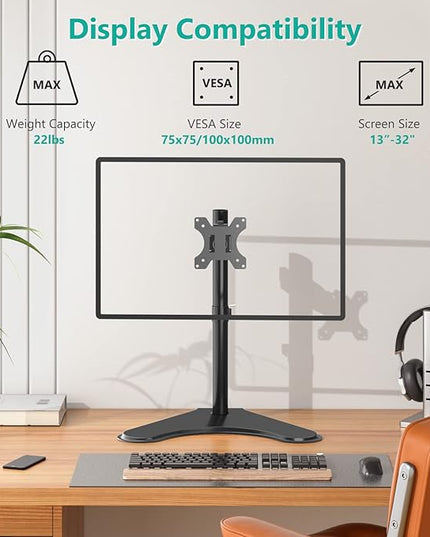 WALI Single Monitor Stand for 13-32 Inch Computer Screens, Freestanding Single Monitors Arm Desk Mount, Universal VESA Monitor Mount 75x75/100x100mm, Adjustable Height and Angle, (MF001), Black
