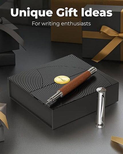 WEMATE Fountain Pen Set, Fine Nib with 20PCS 2.6MM Ink Cartridges(10 Black&10 Blue),1 Ink Converter, Nice Luxury pen for Men, Women, Cool Wooden Fountain Pen for Writing, Journaling, Calligraphy