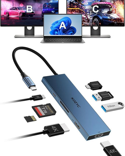 USB C Docking Station Dual Monitor, 8-in-1 USBC Hub with 2 HDMI Ports, USB-C 3.0, 2xUSB-A 3.0, SD/TF, 100W PD, Compatible with HP, Dell